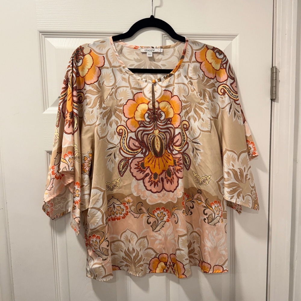 Chicos Women Orange Floral Medallion Kimono Sleeve Keyhole Blouse Size 10 1.5
